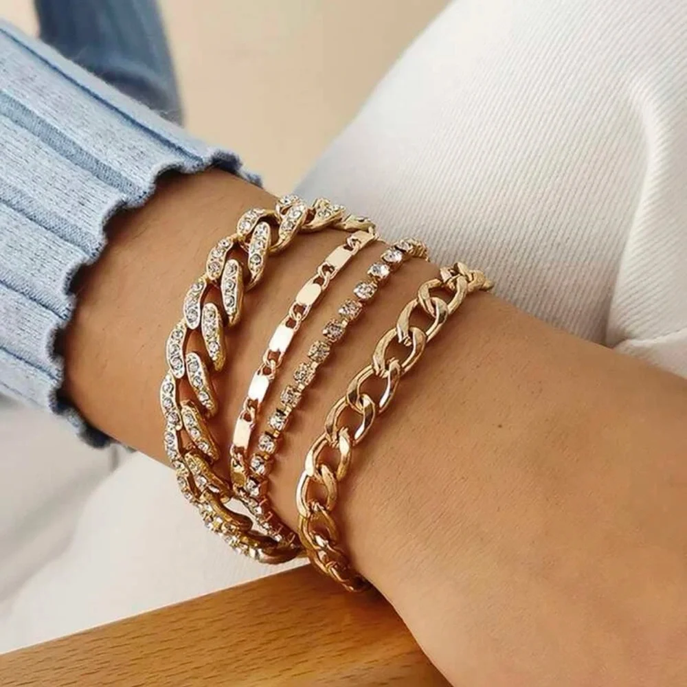 Modern Gold Chain Rhinestone Bracelet Set - Picture 2 of 9
